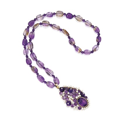 Vintage Suzanne Belperron amethyst pearl and diamond pendant necklace 1970's